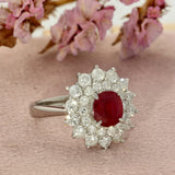 Platinum Oval Ruby and Diamond Double Halo Cluster Ring