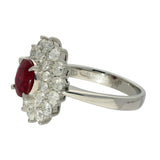 Platinum Oval Ruby and Diamond Double Halo Cluster Ring