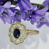 9ct Yellow Gold Oval Sapphire and Diamond Milgrain Halo Ring