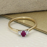 9ct Yellow Gold Dainty Oval Ruby and Diamond 3 Stone Ring