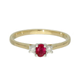 9ct Yellow Gold Dainty Oval Ruby and Diamond 3 Stone Ring