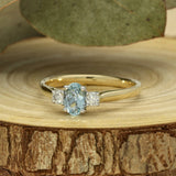 9ct Yellow Gold Oval Aquamarine & Diamond Trilogy Ring