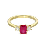 18ct Yellow Gold Emerald Cut 0.75ct Ruby and Diamond 3 Stone Ring