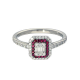 Platinum Ruby and Diamond Square Cluster Shoulders Ring