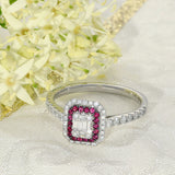 Platinum Ruby and Diamond Square Cluster Shoulders Ring