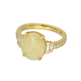 18ct Yellow Gold 2.95ct Oval Yellow Opal Ring with Baguette and Round Diamond Set Shoulders