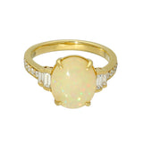 18ct Yellow Gold 2.95ct Oval Yellow Opal Ring with Baguette and Round Diamond Set Shoulders