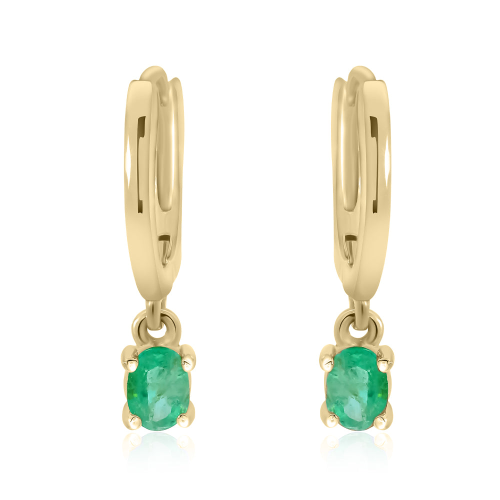 9ct Yellow Gold Oval Emerald Drop Huggie Hoop Earrings