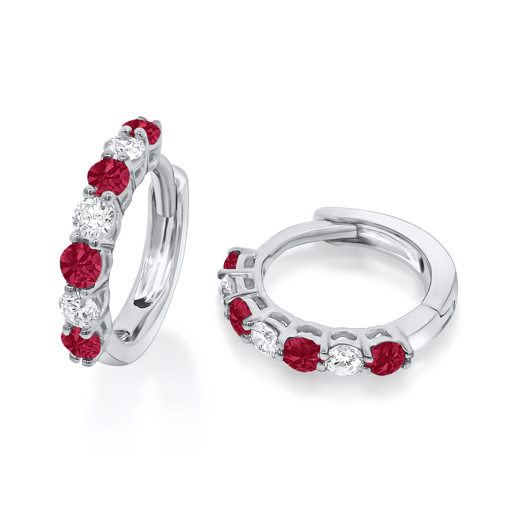9ct White Gold Ruby & Diamond Small Hoop Earrings
