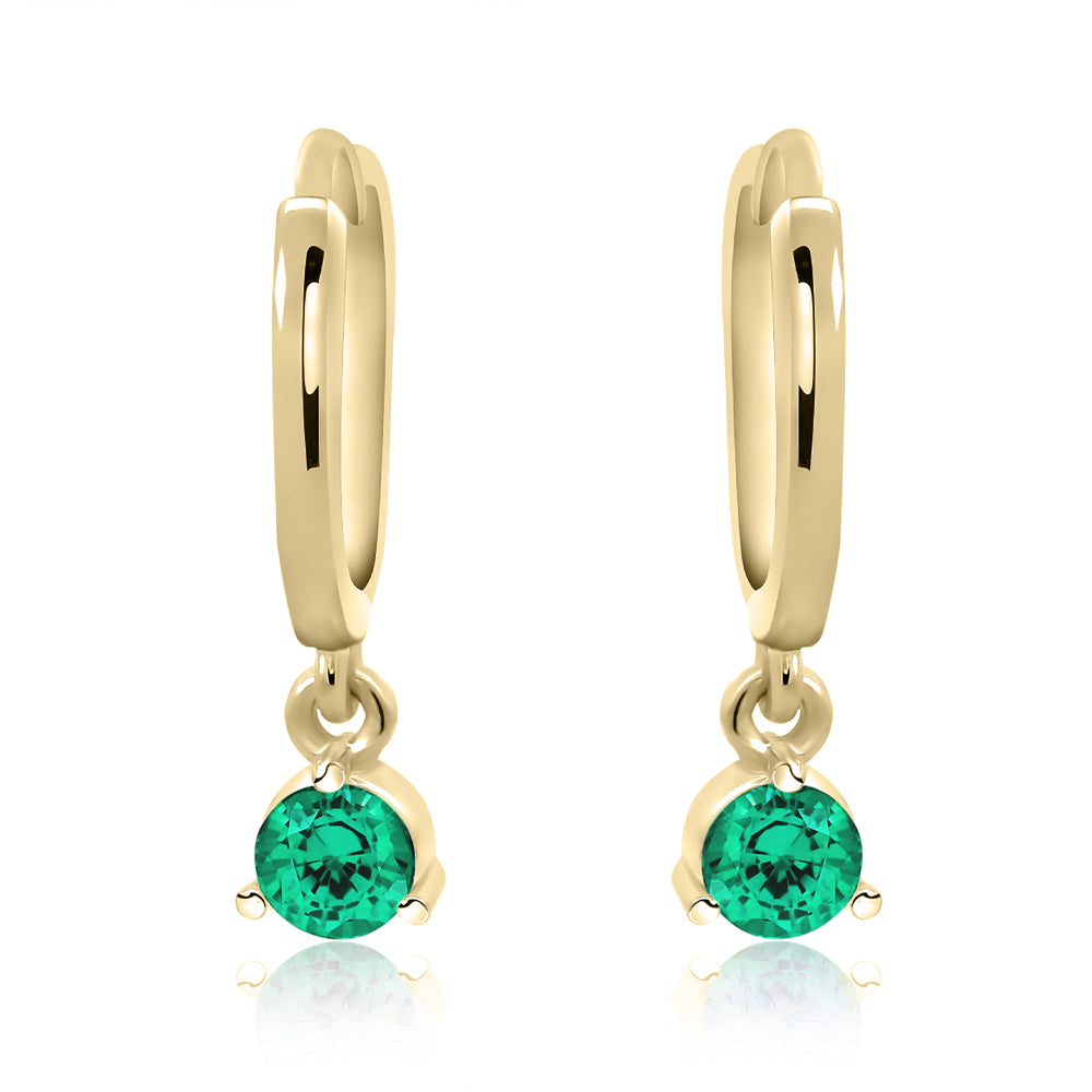 9ct Yellow Gold Round Emerald Drop Huggie Hoop Earrings