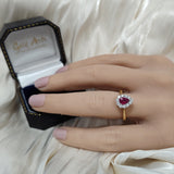 18ct Yellow Gold Pear Cut Ruby & Diamond Teardrop Milgrain Halo Ring