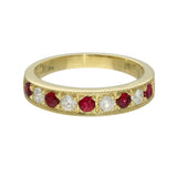 18ct Yellow Gold Ruby & Diamond Milgrain Edge 4mm Half Eternity Ring