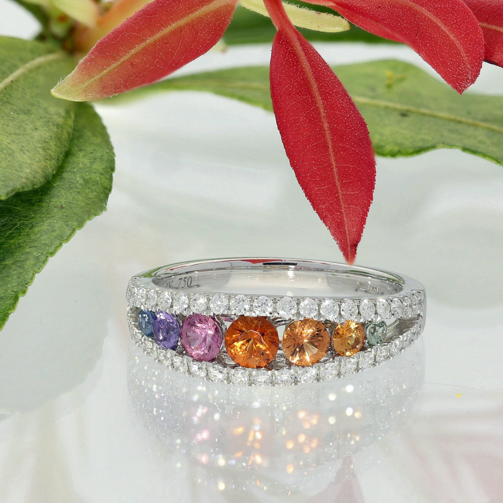 18ct White Gold Graduated Rainbow Sapphire and Diamond Dress Ring