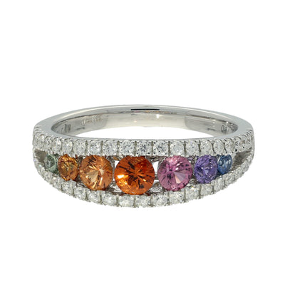 18ct White Gold Graduated Rainbow Sapphire and Diamond Dress Ring