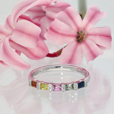 Platinum Rainbow Sapphire & Diamond Half Eternity Ring