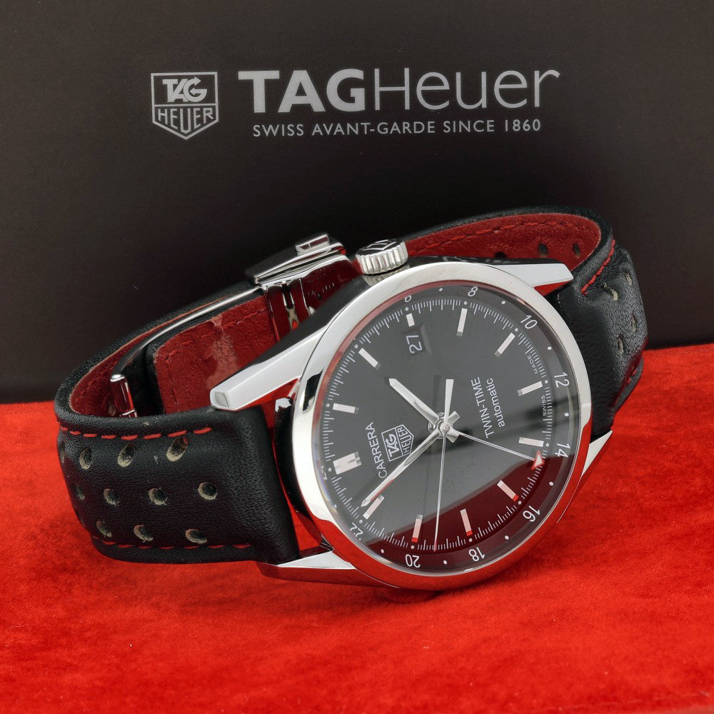 Pre-owned Tag Heuer Carrera Twin Time WV2115 39mm Black Auto Watch