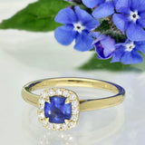 18ct Yellow Gold Cushion Cut 0.75ct Sapphire and Diamond Halo Ring
