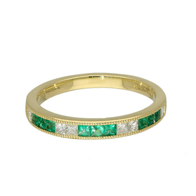 18ct Yellow Gold Emerald & Princess Cut Diamond Half Eternity Ring