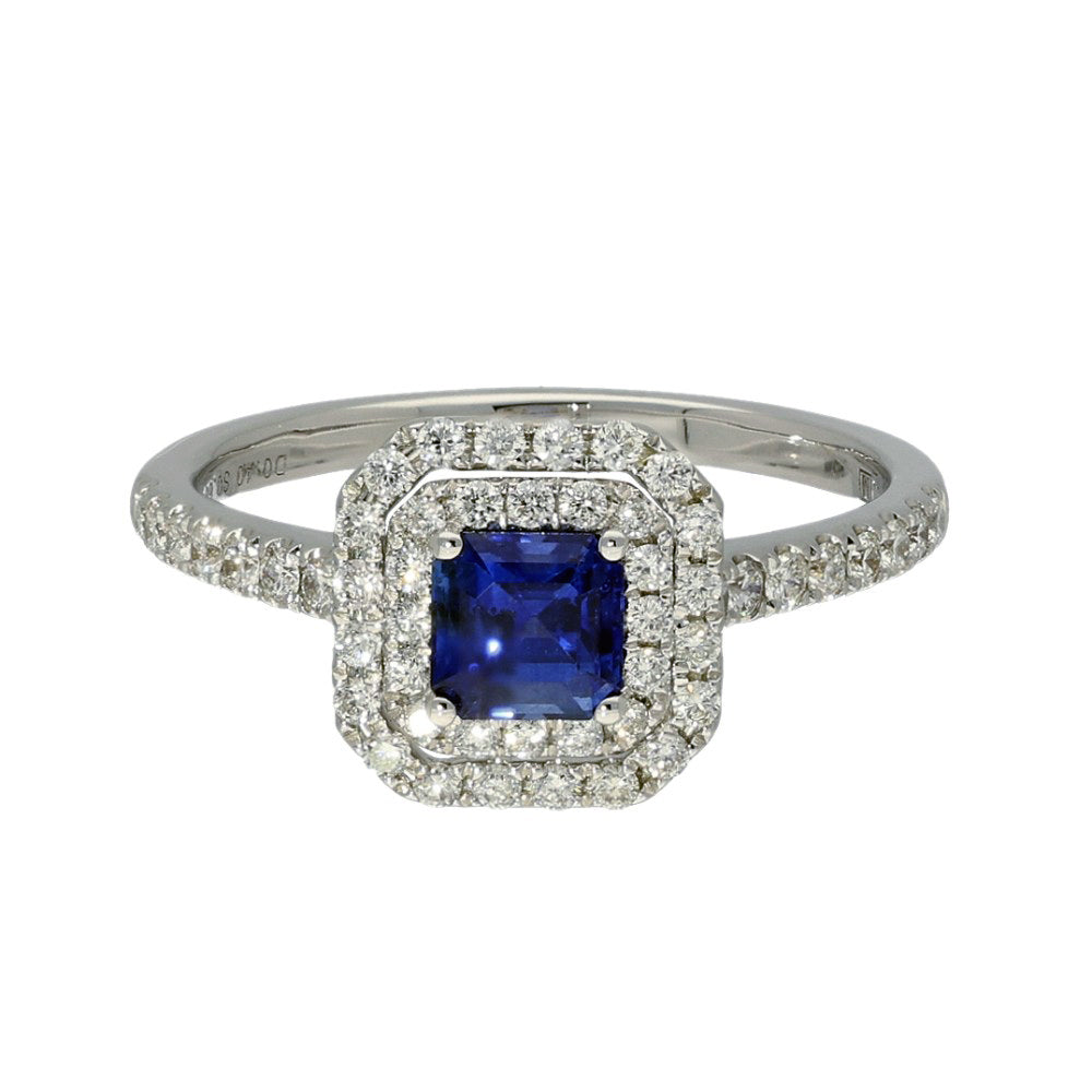 18ct White Gold Sapphire and Diamond Double Halo Shoulders Ring