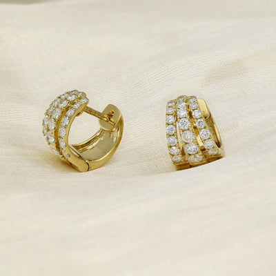 18ct Yellow Gold Diamond Triple Row Small Huggie Hoop Earrings