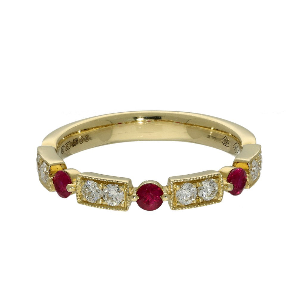 18ct Yellow Gold Ruby & Diamond Shaped Milgrain Edge Half Eternity Ring