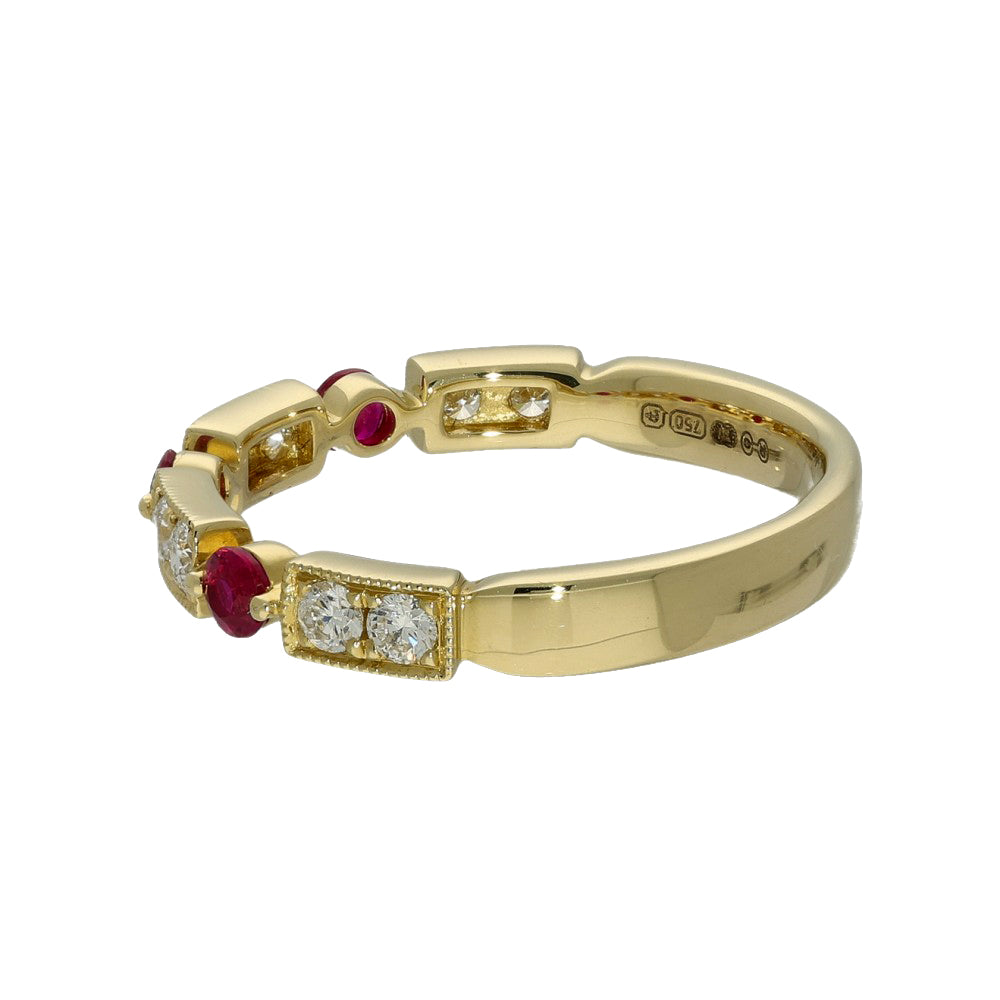 18ct Yellow Gold Ruby & Diamond Shaped Milgrain Edge Half Eternity Ring
