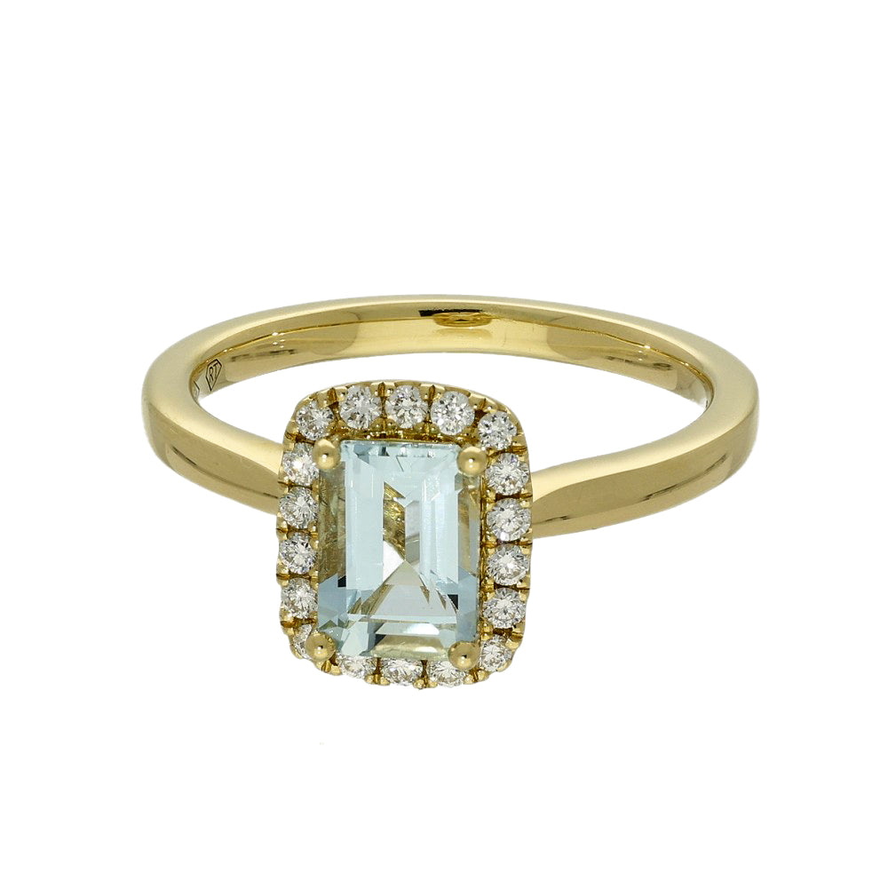 18ct Yellow Gold Aquamarine & Diamond Halo Ring