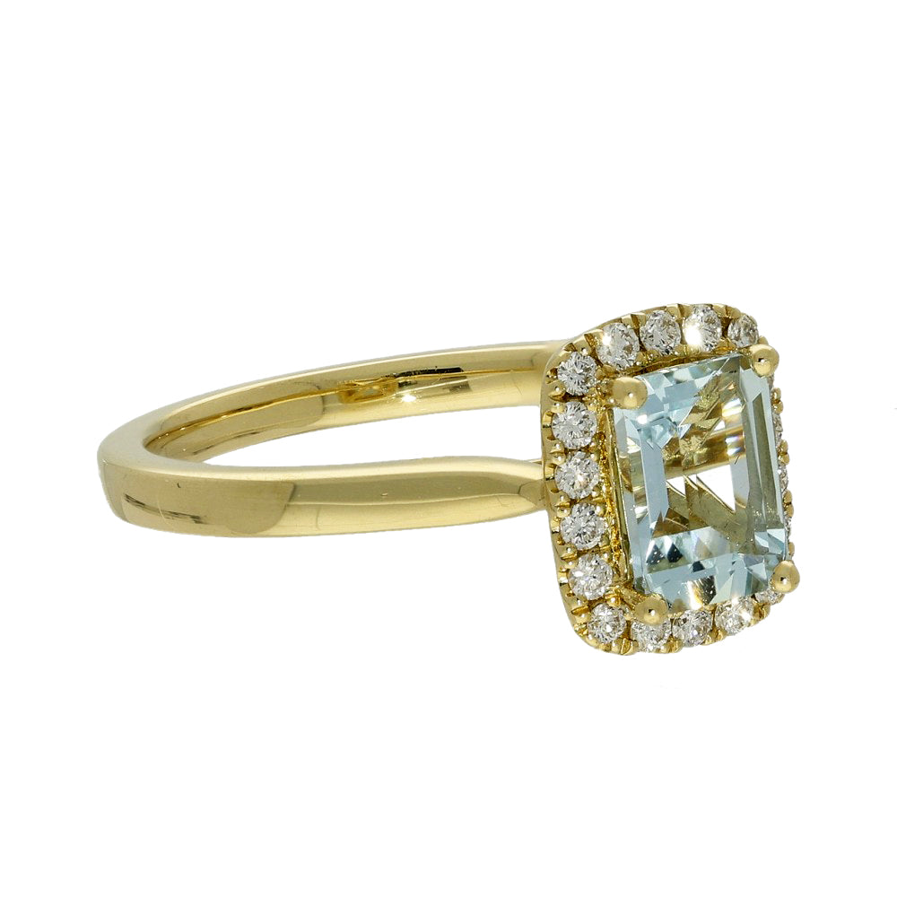 18ct Yellow Gold Aquamarine & Diamond Halo Ring