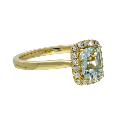 18ct Yellow Gold Aquamarine & Diamond Halo Ring