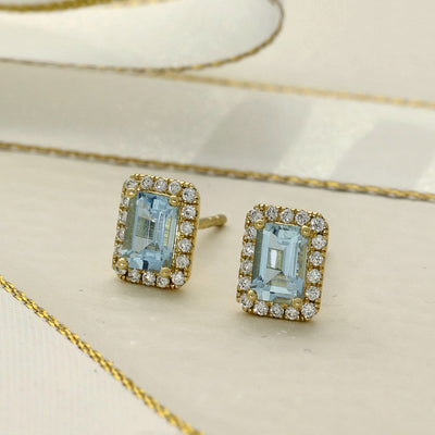 18ct Yellow Gold Aquamarine and Diamond Halo Stud Earrings