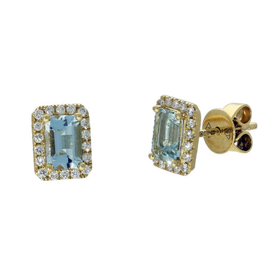18ct Yellow Gold Aquamarine and Diamond Halo Stud Earrings