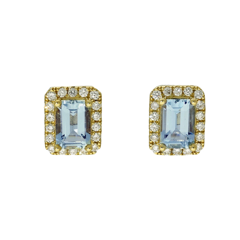 18ct Yellow Gold Aquamarine and Diamond Halo Stud Earrings
