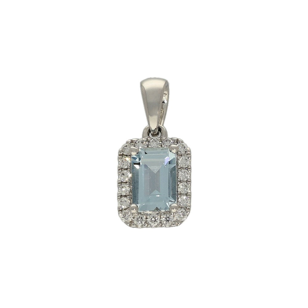18ct White Gold Aquamarine & Diamond Rectangular Halo Pendant