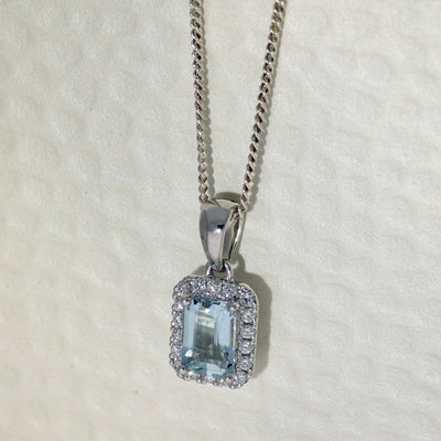 18ct White Gold Aquamarine & Diamond Rectangular Halo Pendant