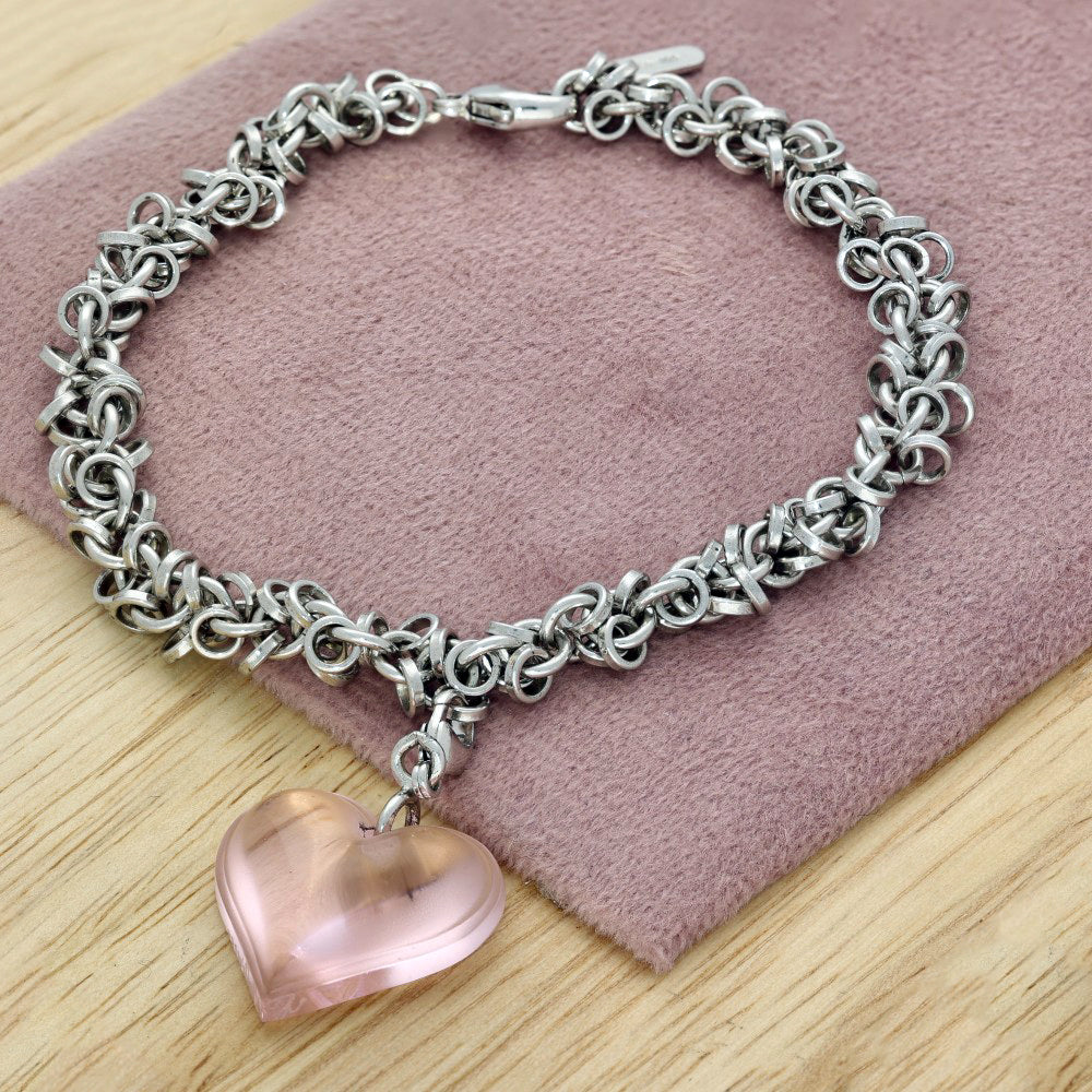 Lalique Silver Charm Bracelet with Pink Heart Charm