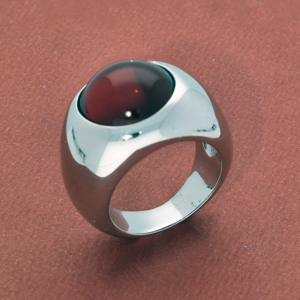 Lalique Silver Cabochon Ring - Red Crystal