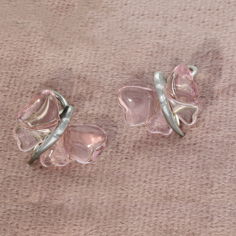 Lalique Papillon Butterfly Clip On Earrings - Silver & Pink Crystal