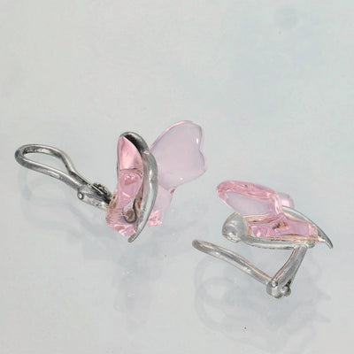 Lalique Papillon Butterfly Clip On Earrings - Silver & Pink Crystal