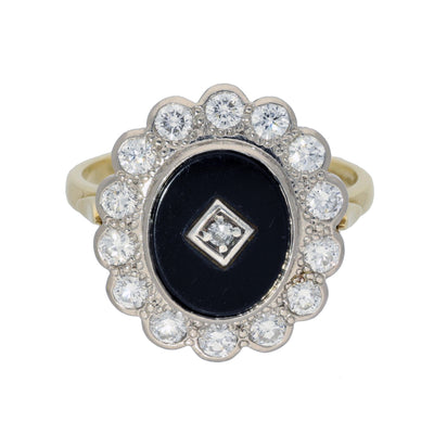 Pre-owned 18ct Yellow Gold Art Deco Inspired Black Onyx & Diamond Cocktail Ring