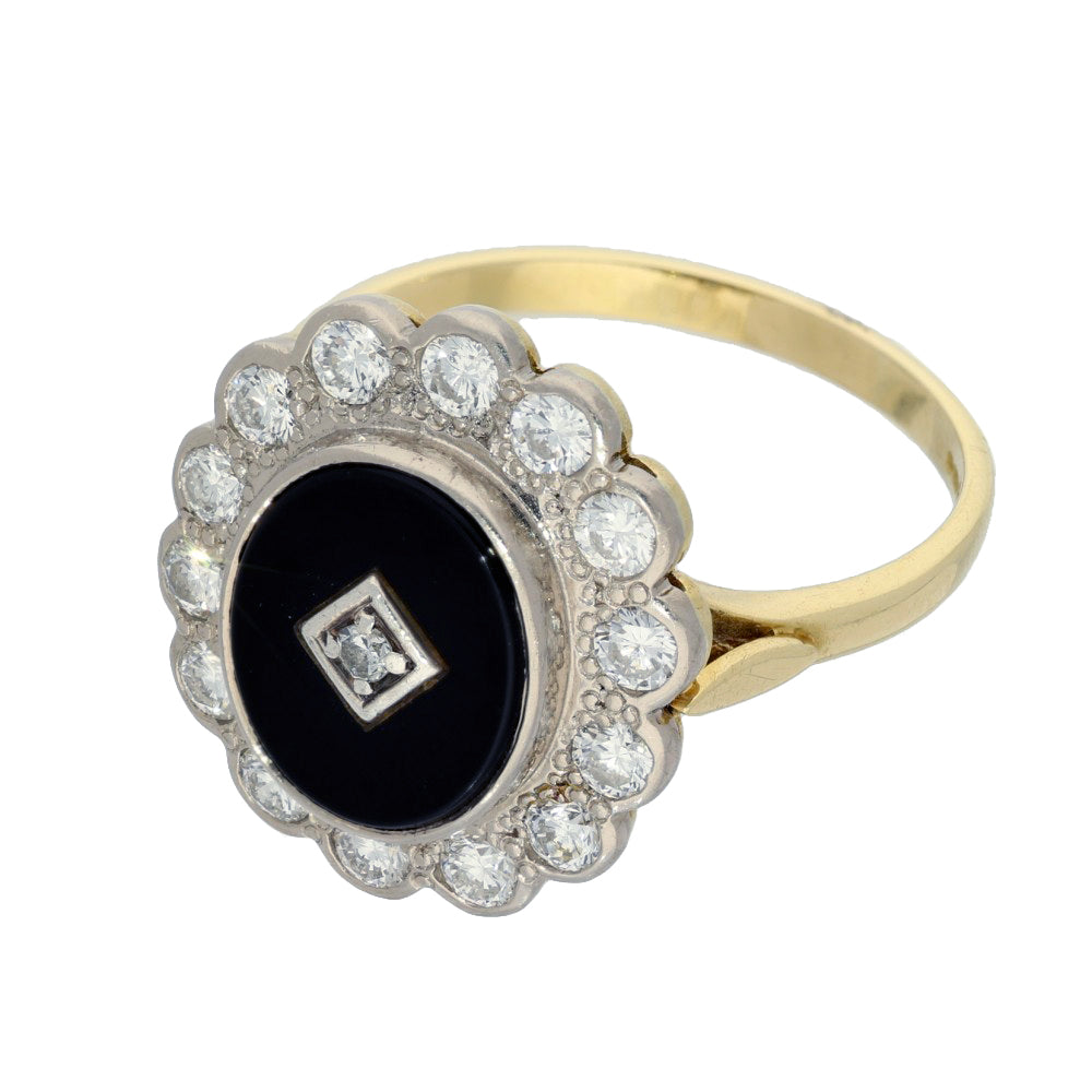 Pre-owned 18ct Yellow Gold Art Deco Inspired Black Onyx & Diamond Cocktail Ring