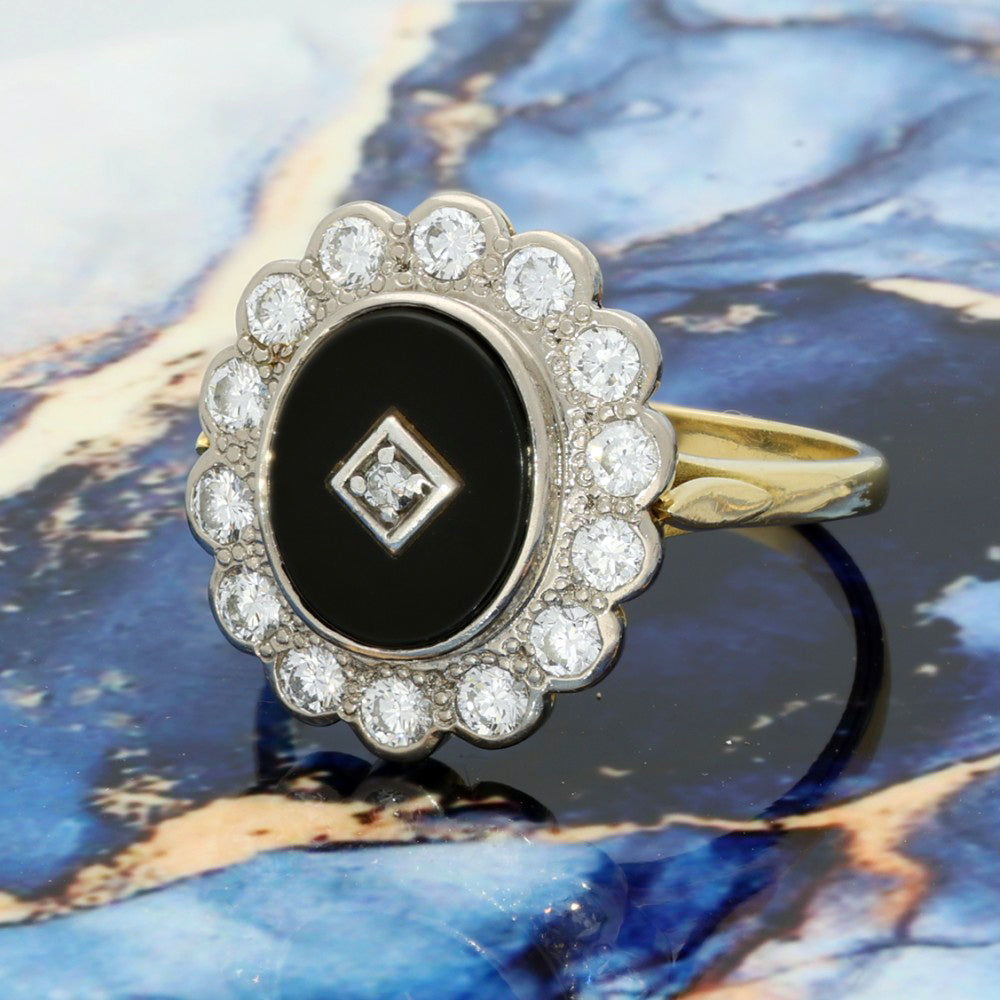 Pre-owned 18ct Yellow Gold Art Deco Inspired Black Onyx & Diamond Cocktail Ring