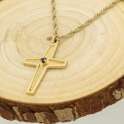 Pre-owned 9ct Yellow & Sapphire Cross Pendant and Chain