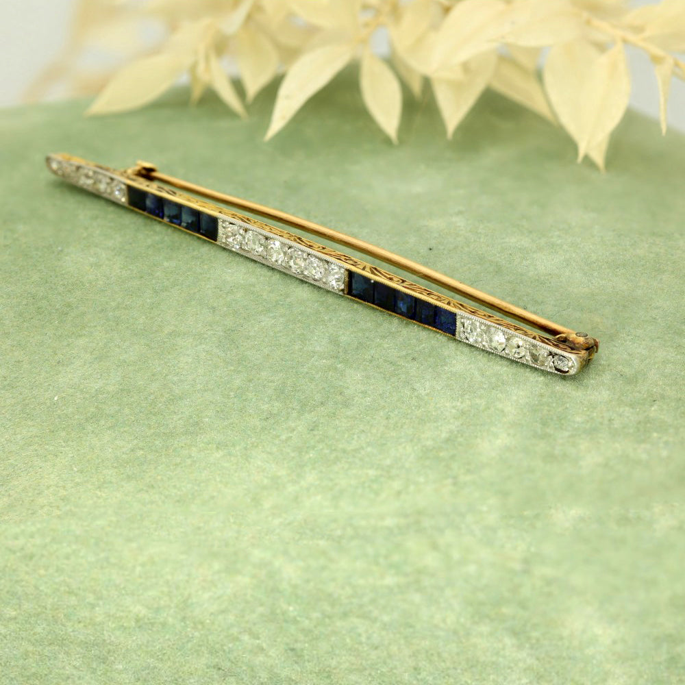 Art Deco 18ct Sapphire & Old Cut Diamond Antique Bar Brooch