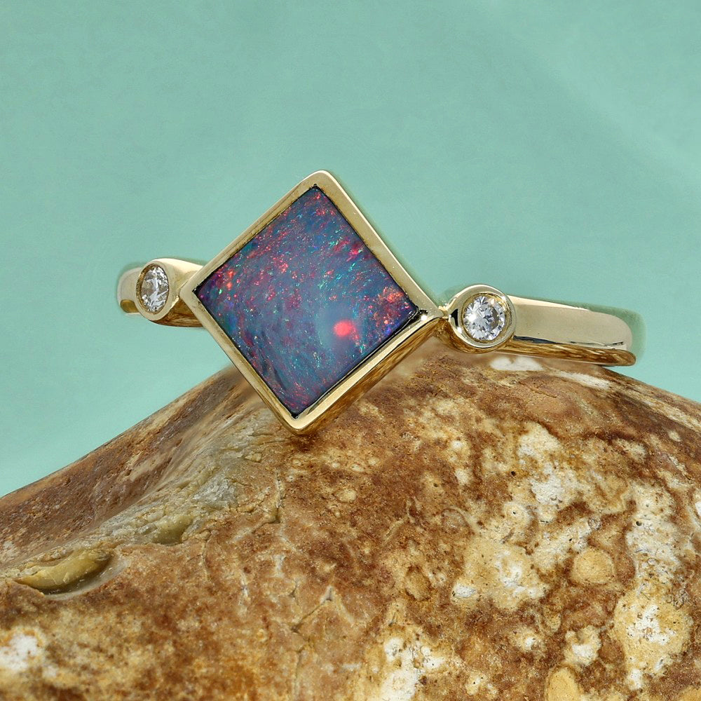 9ct Yellow Gold Square Opal Doublet & Diamond Ring