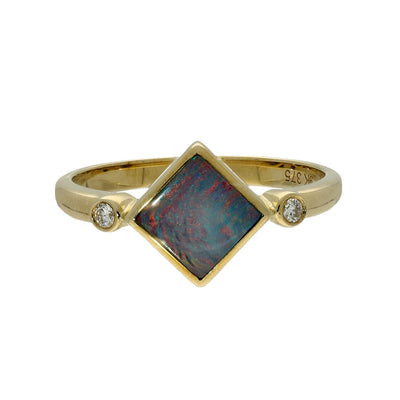 9ct Yellow Gold Square Opal Doublet & Diamond Ring