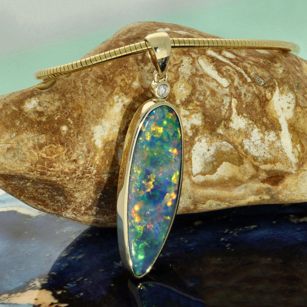 9ct Yellow Gold Large Freeform Opal Doublet & Diamond Pendant
