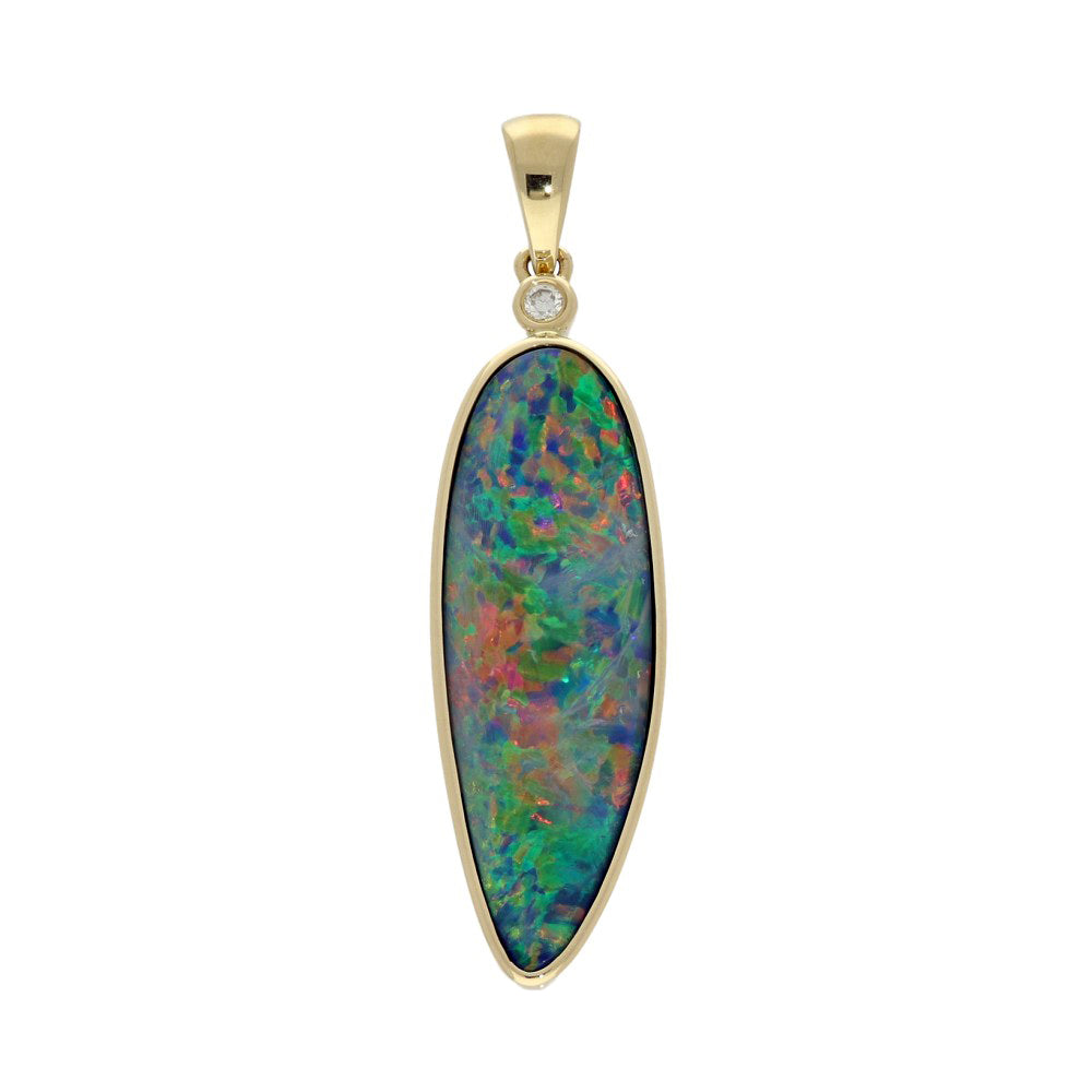 9ct Yellow Gold Large Freeform Opal Doublet & Diamond Pendant