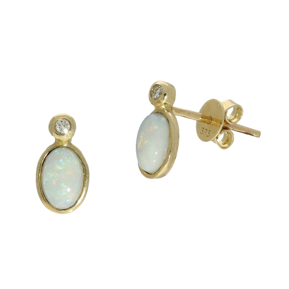 9ct Yellow Gold Oval Opal & Diamond Stud Earrings