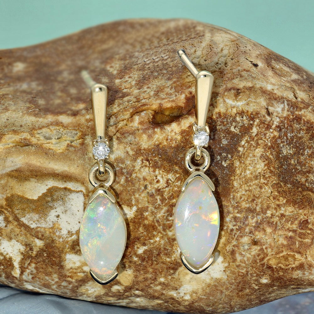 9ct Yellow Gold Marquis Opal & Diamond Drop Earrings