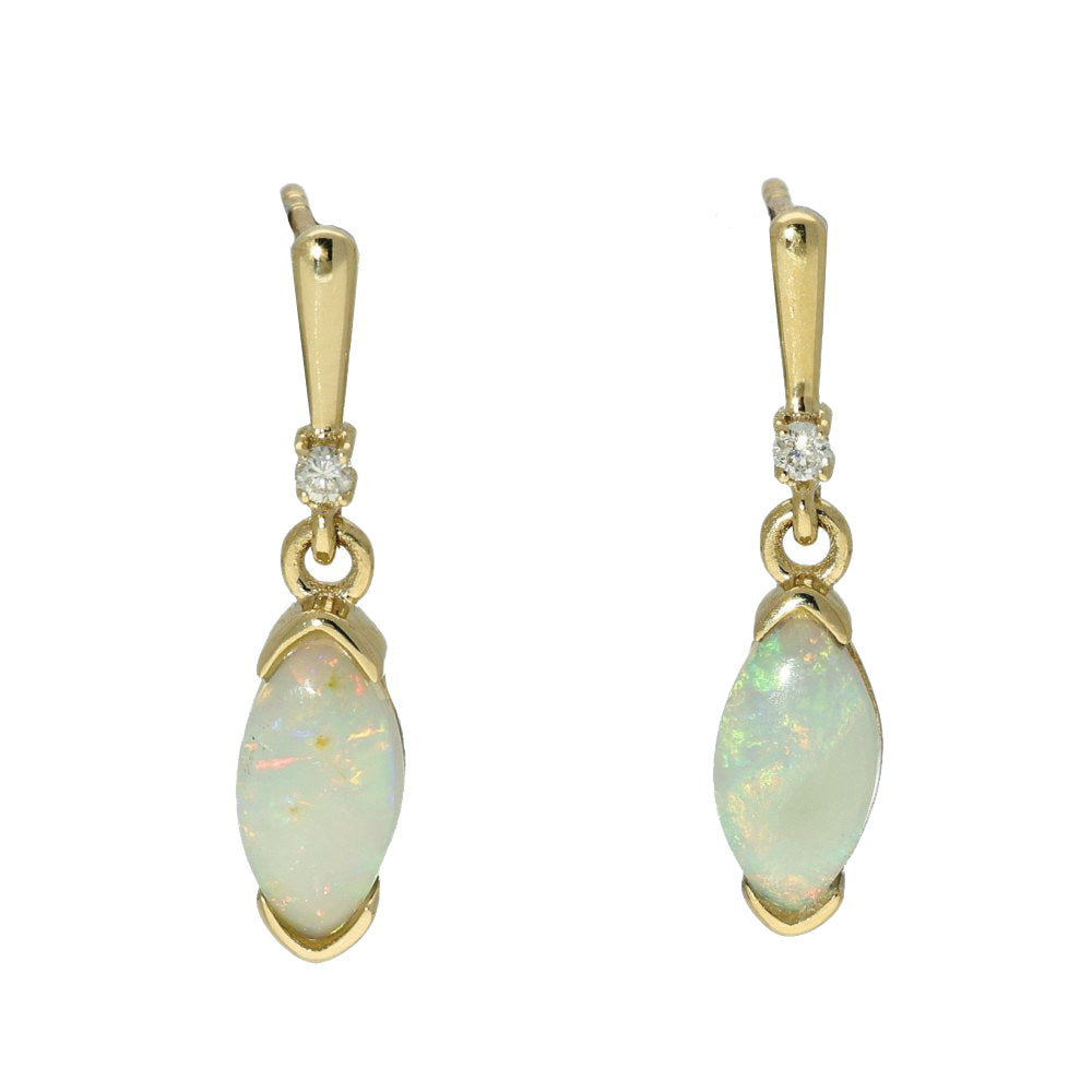 9ct Yellow Gold Marquis Opal & Diamond Drop Earrings